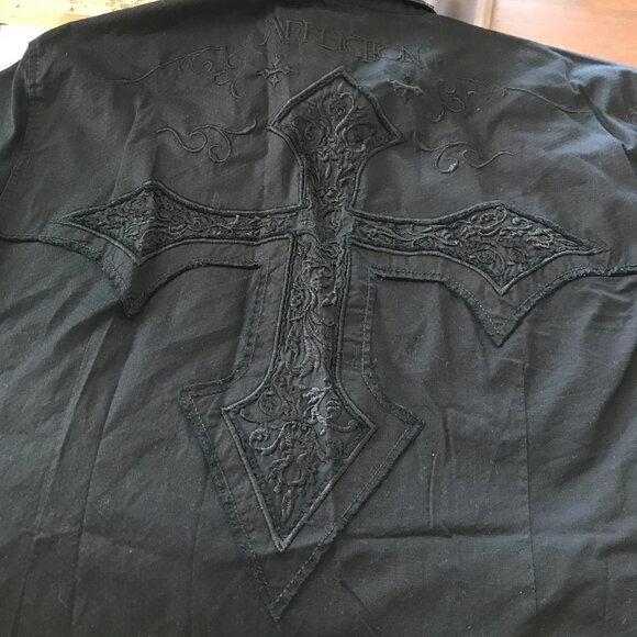 Affliction Black Premium Slim Shirt Men 2XL Black Button Up Pocket Embroidered - Picture 13 of 16